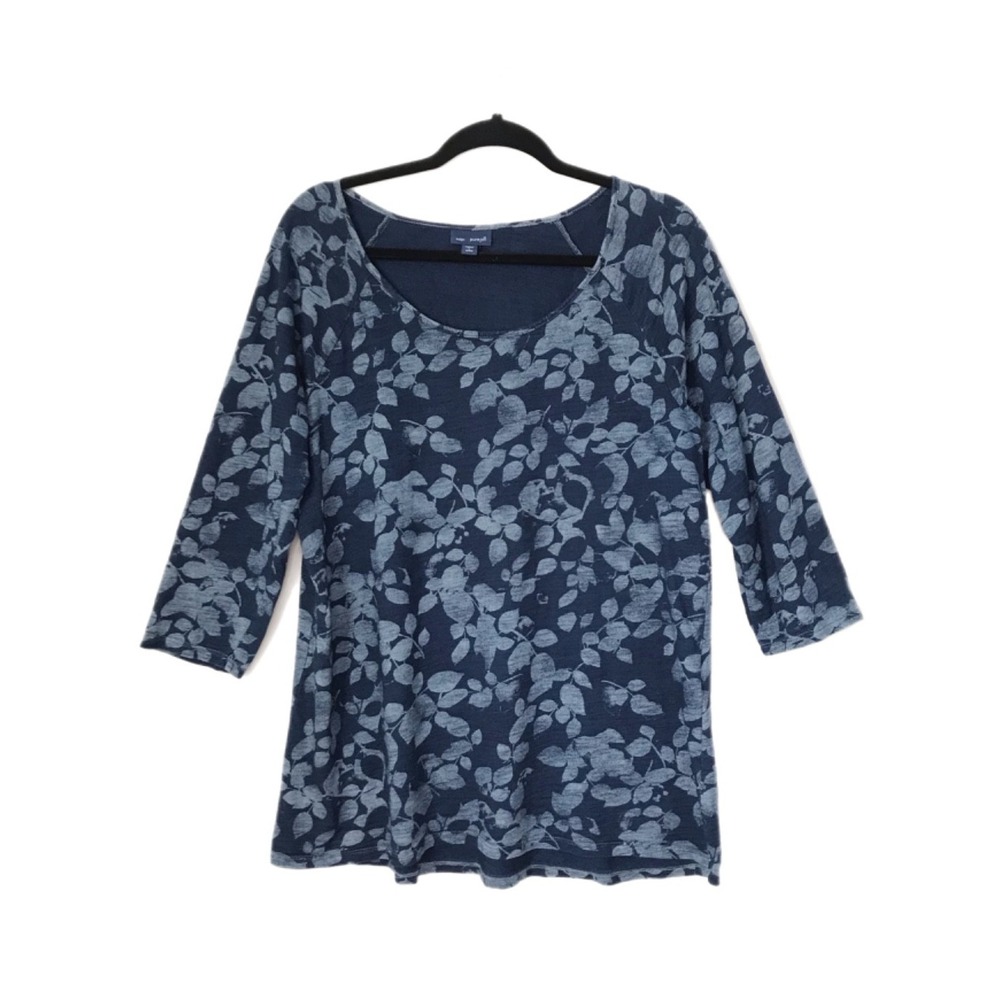 J Jill Petite Pure Jill Indigo Blue Leaf Print Knit Tunic Top 3/4 Sleeve Size LP